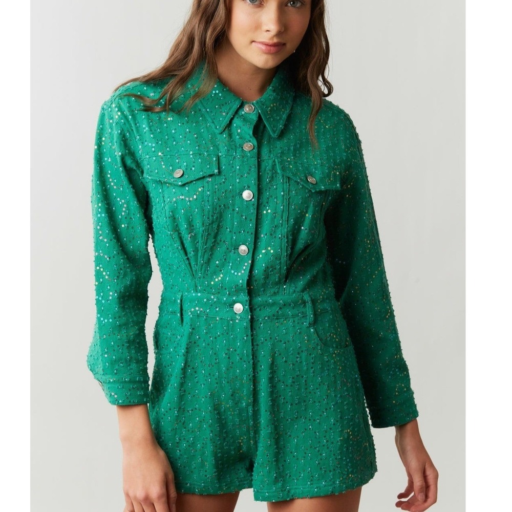 Emerald Green Sequin Textured Long‎ Sleeve Romper Button Front Utility Style